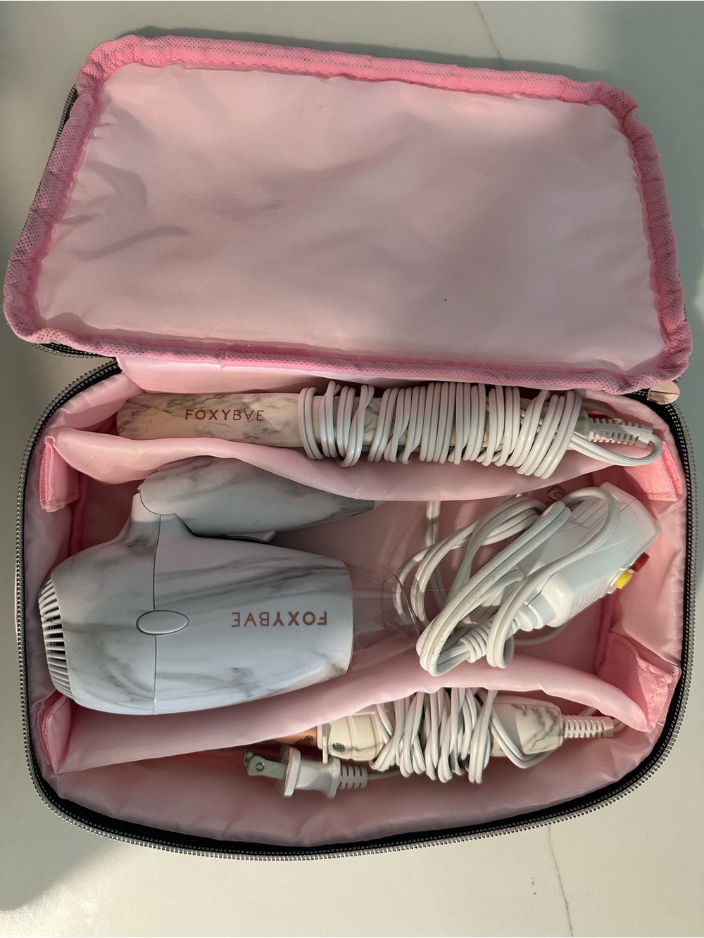 FOXYBae Pink Marble Travel Hair Dryer, Curling Wand & Straightener Set
